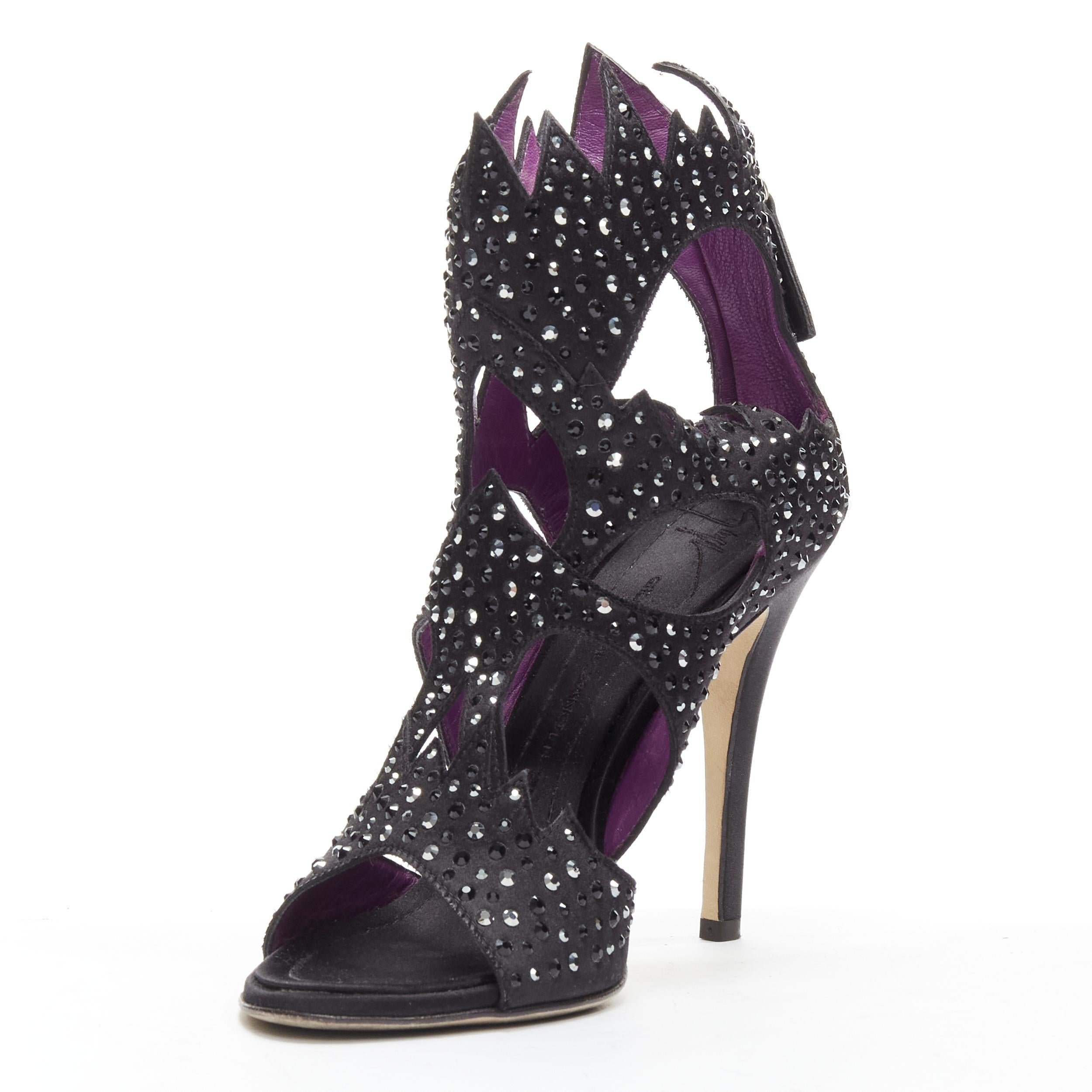 GIUSEPPE ZANOTTI black crystal satin leather lined cutout sandals heels EU37.5 In Excellent Condition For Sale In Hong Kong, NT