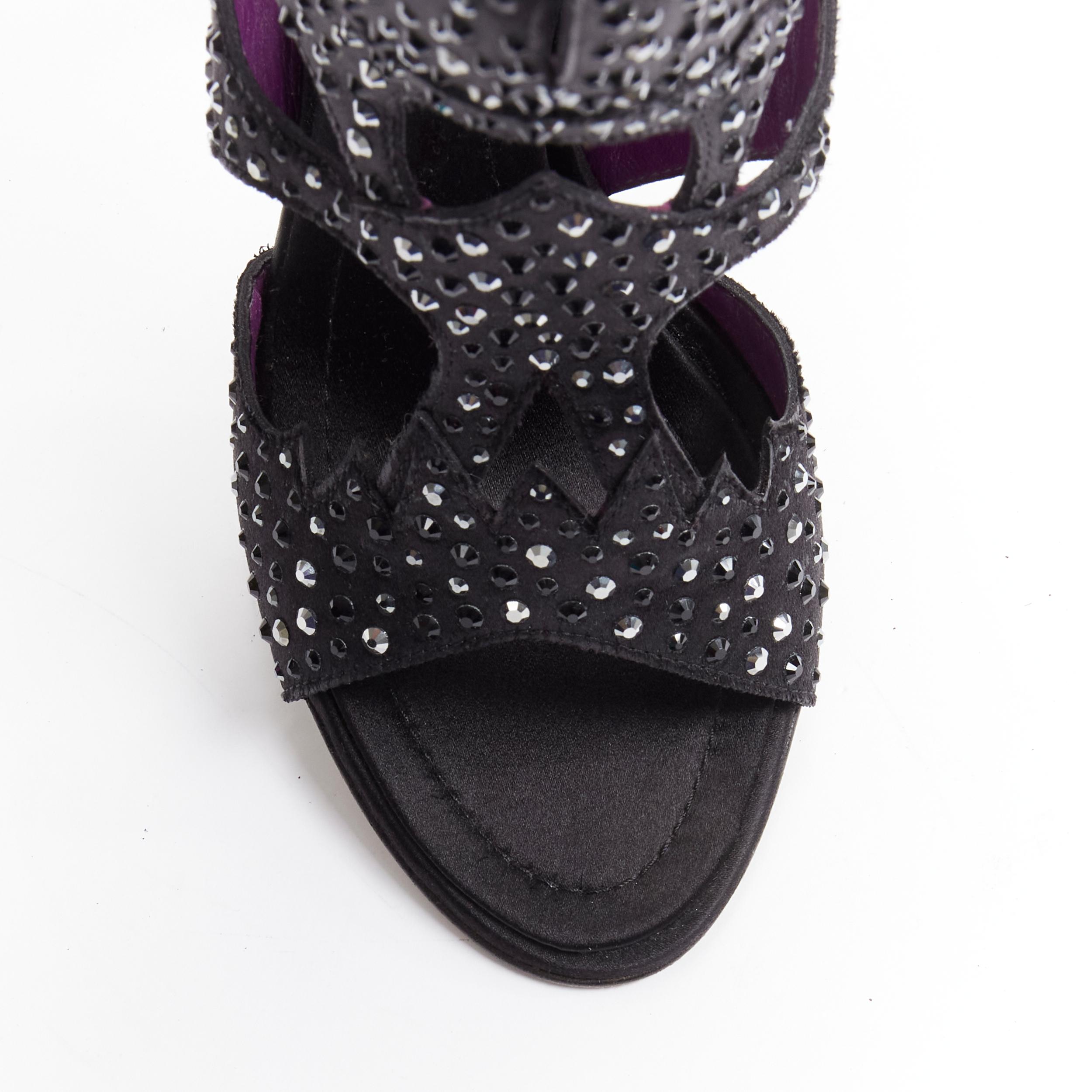 GIUSEPPE ZANOTTI black crystal satin leather lined cutout sandals heels EU37.5 For Sale 1