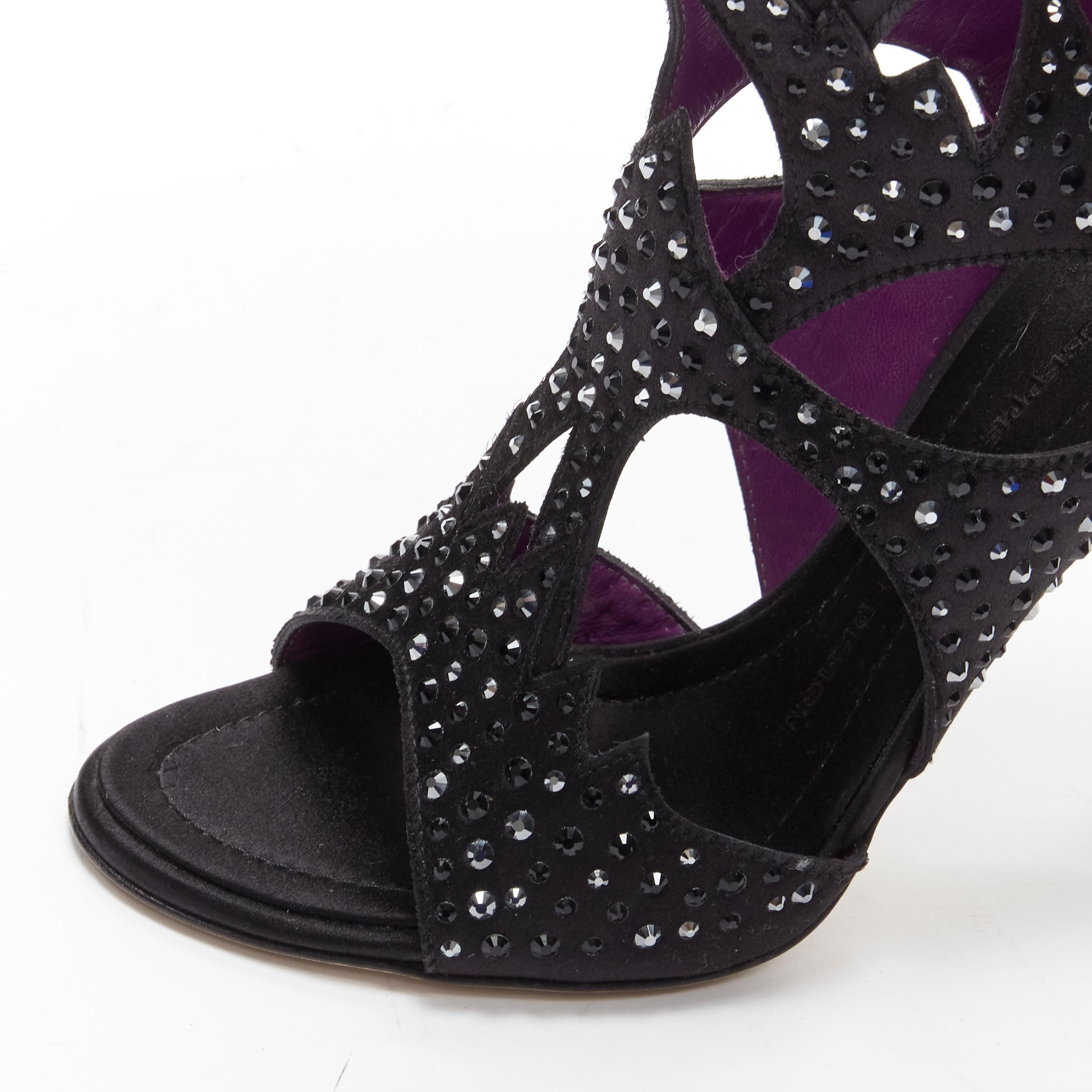 GIUSEPPE ZANOTTI black crystal satin leather lined cutout sandals heels EU37.5 For Sale 2