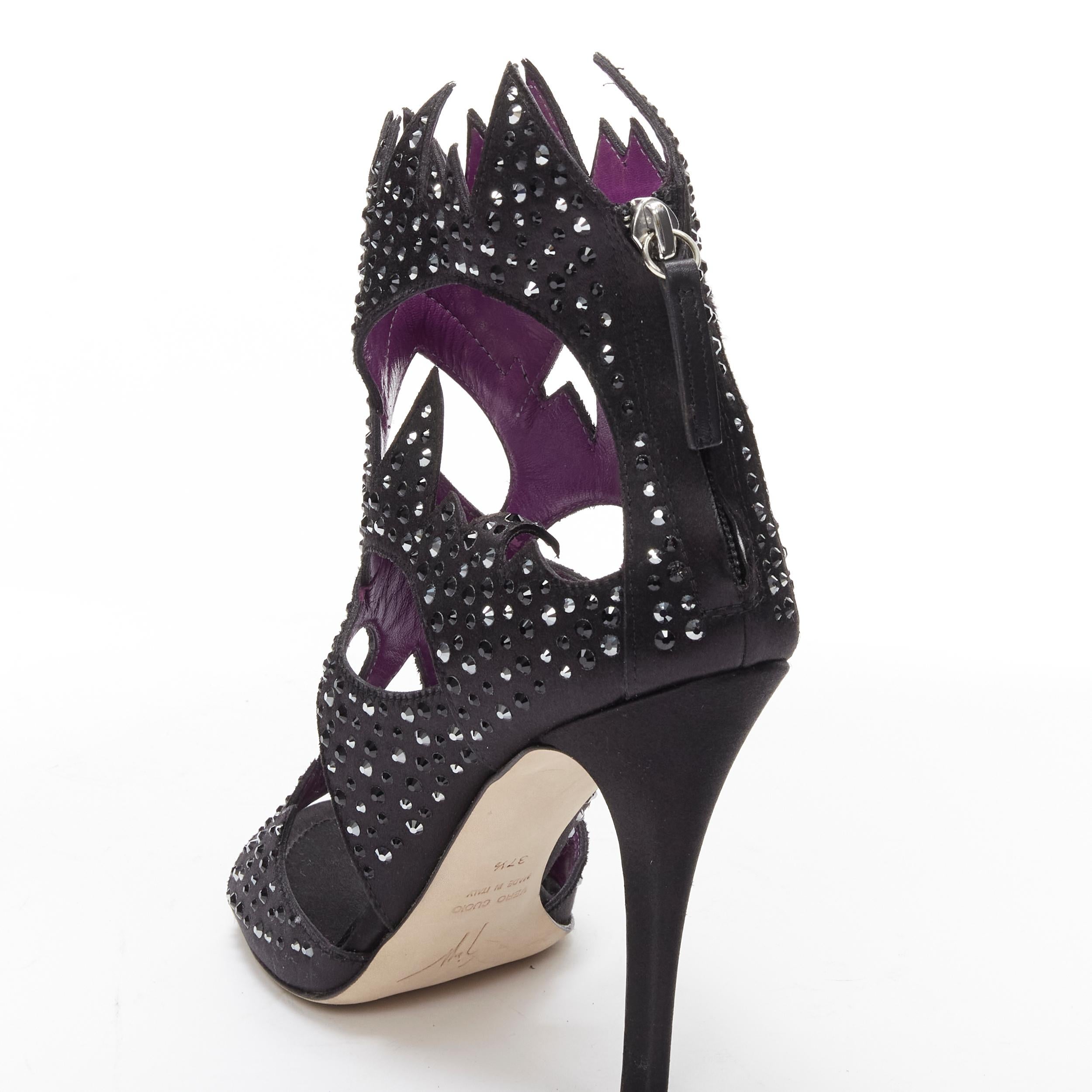 GIUSEPPE ZANOTTI black crystal satin leather lined cutout sandals heels EU37.5 4