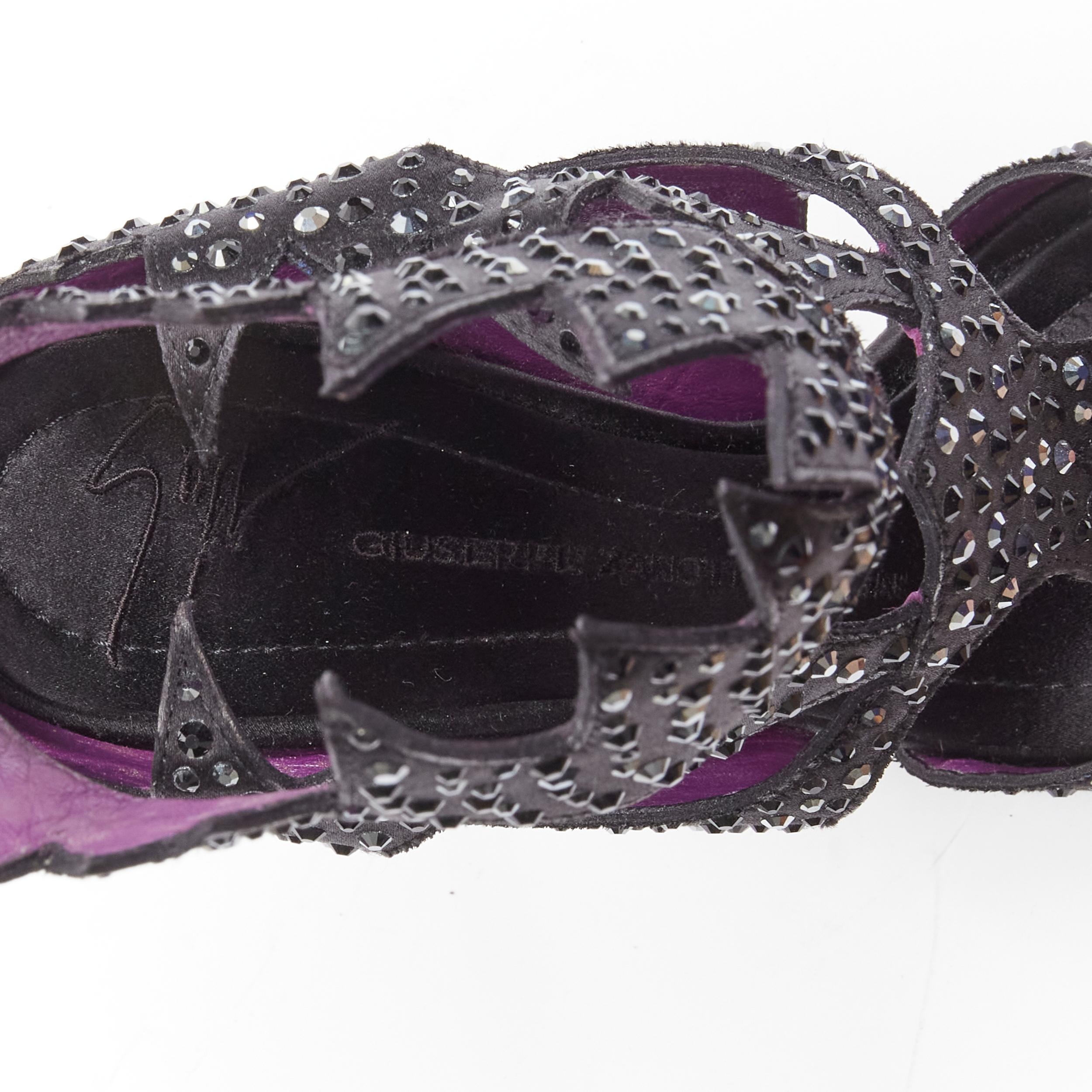 GIUSEPPE ZANOTTI black crystal satin leather lined cutout sandals heels EU37.5 For Sale 4