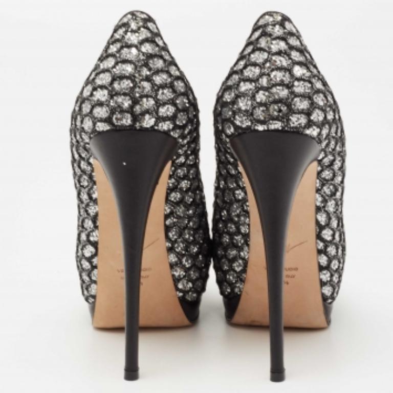 De las mujeres Giuseppe Zanotti Bombas de plataforma con puntera abierta de encaje y purpurina negra talla 37,5 en venta