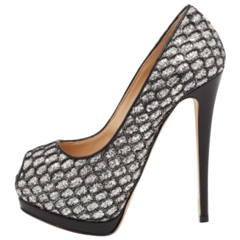 Giuseppe Zanotti Black Glitter And Lace Peep Toe Platform Pumps Size 37.5