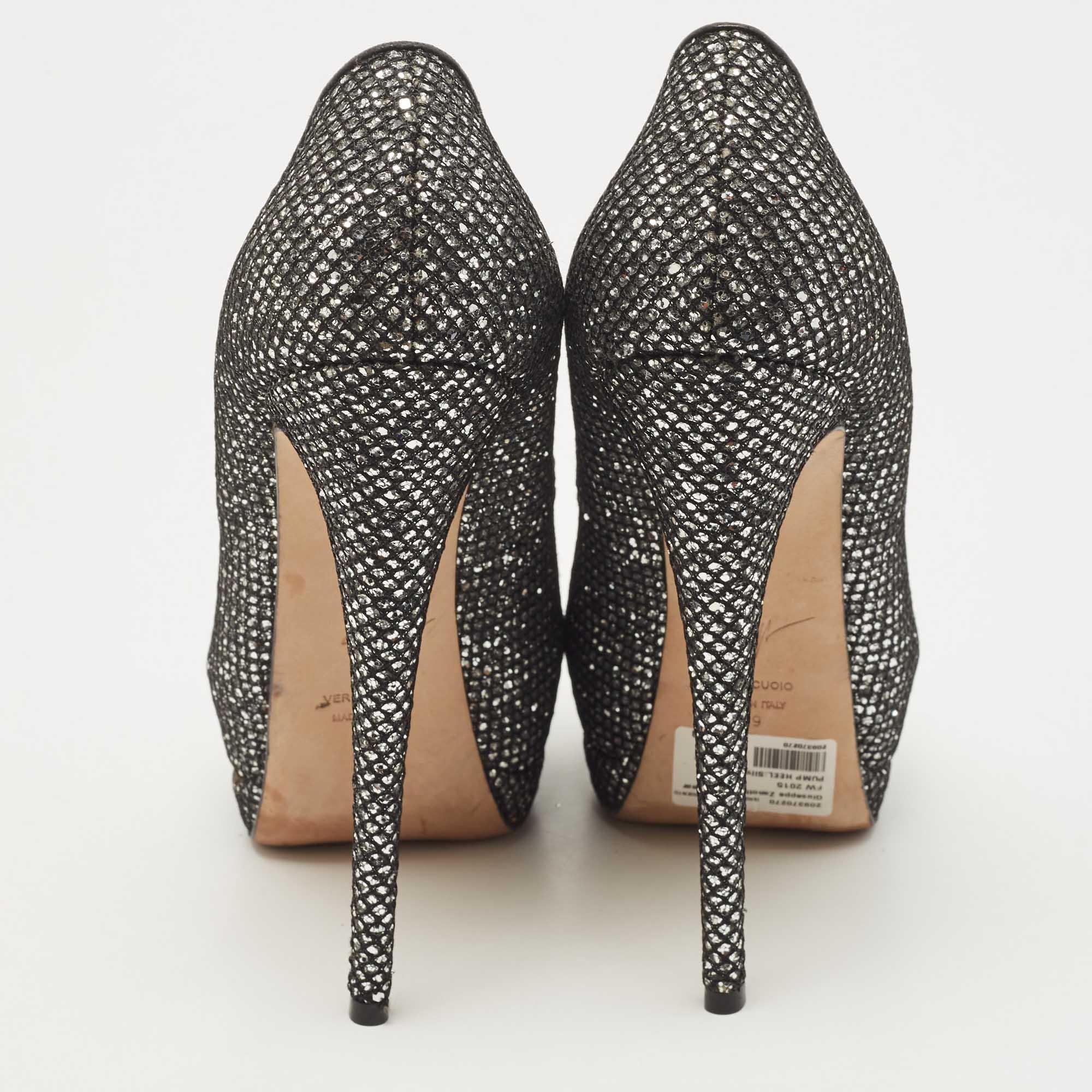 Giuseppe Zanotti Black Glitter and Mesh Platform Peep Toe Pumps Size 39 For Sale 1