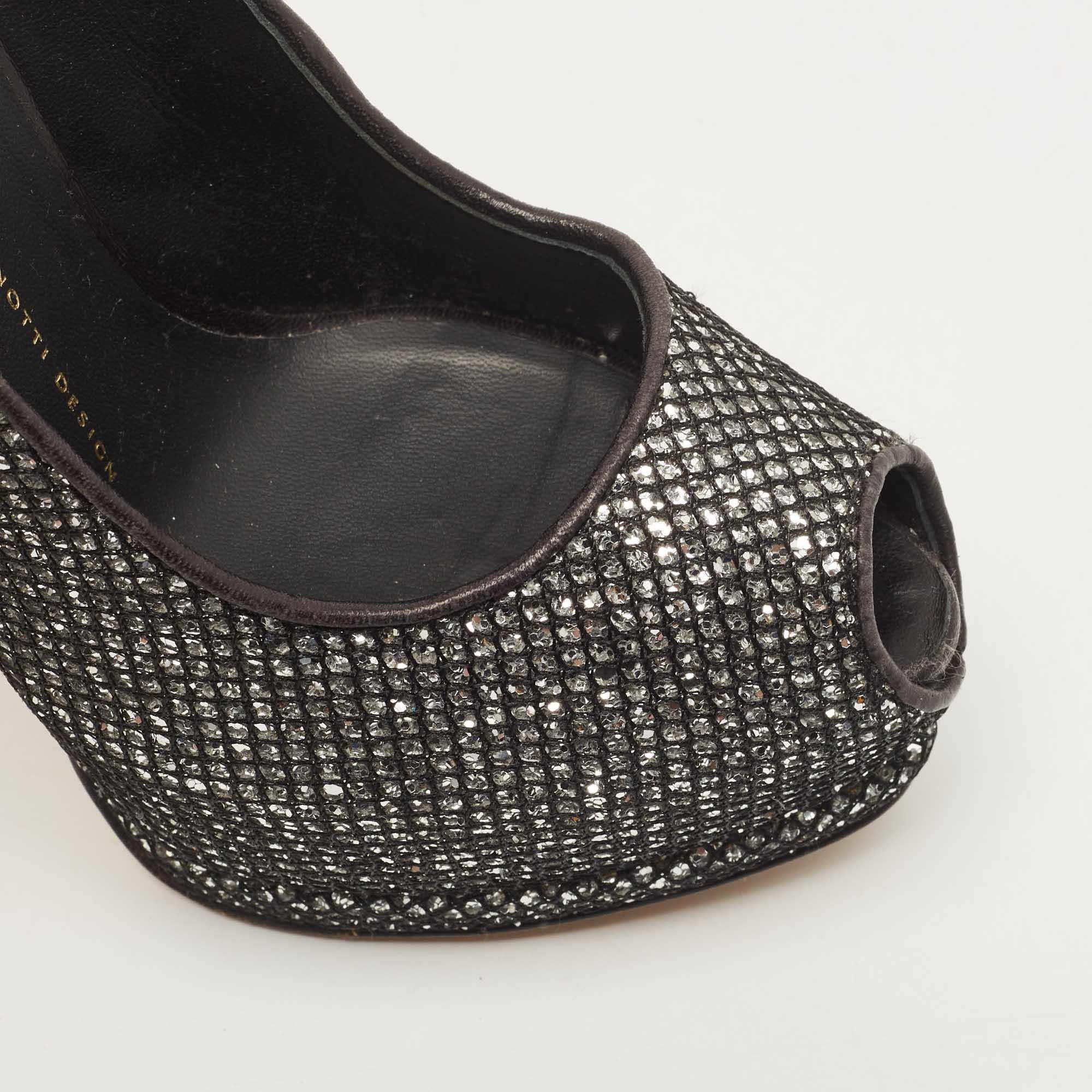Giuseppe Zanotti Black Glitter and Mesh Platform Peep Toe Pumps Size 39 For Sale 3