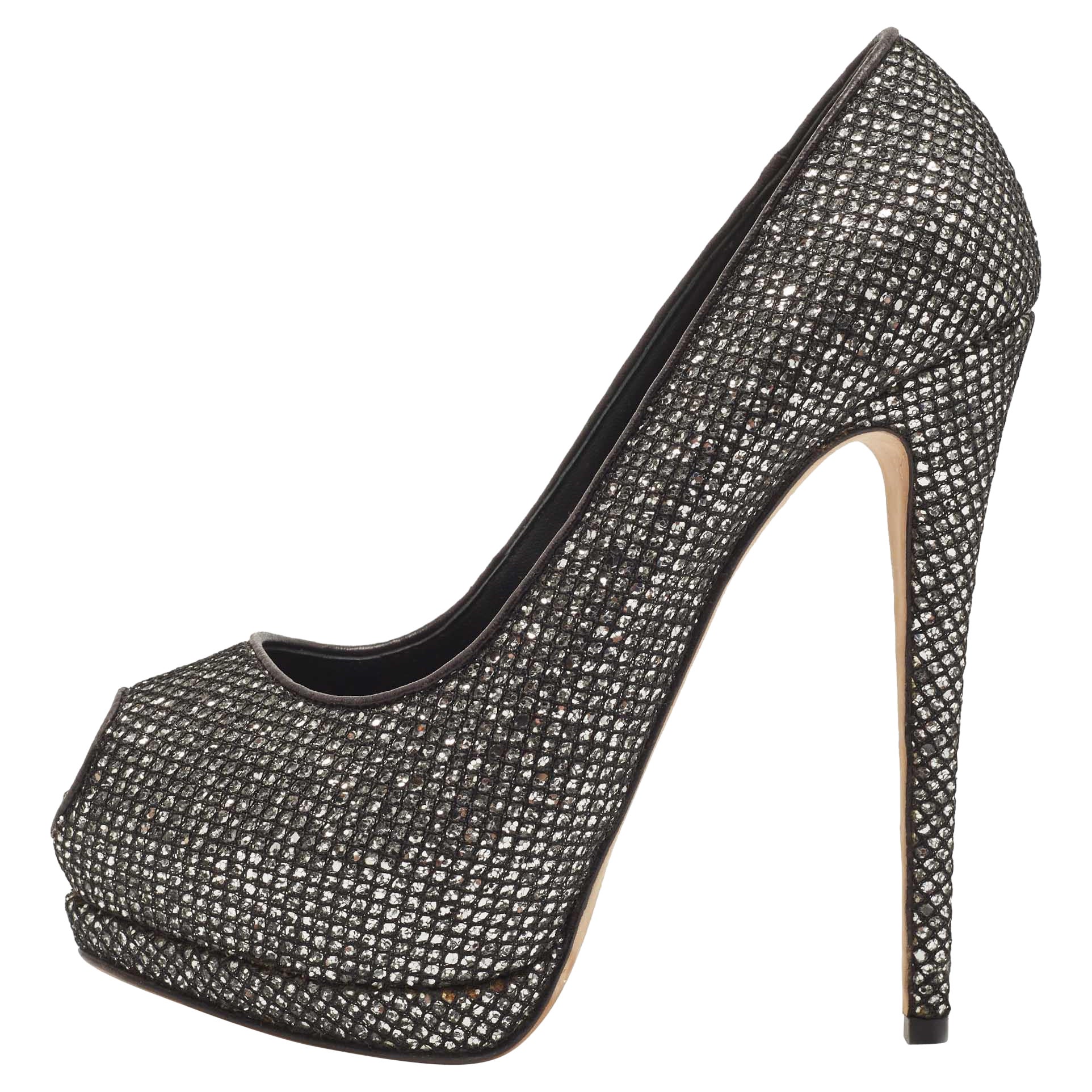 Giuseppe Zanotti Black Glitter and Mesh Platform Peep Toe Pumps Size 39