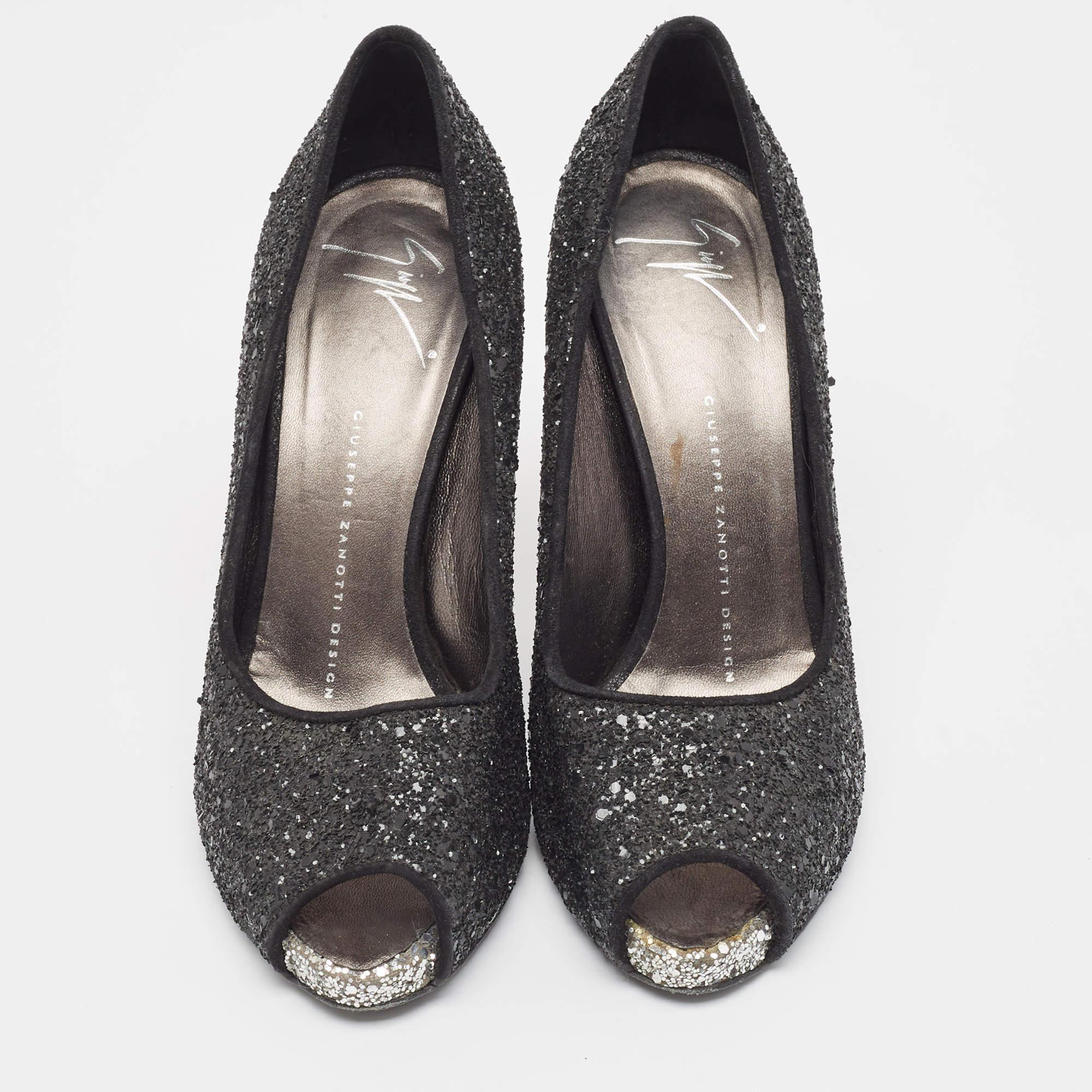 Giuseppe Zanotti Black Glitter Platform Peep Toe Pumps Size 37.5 In Fair Condition For Sale In Dubai, Al Qouz 2