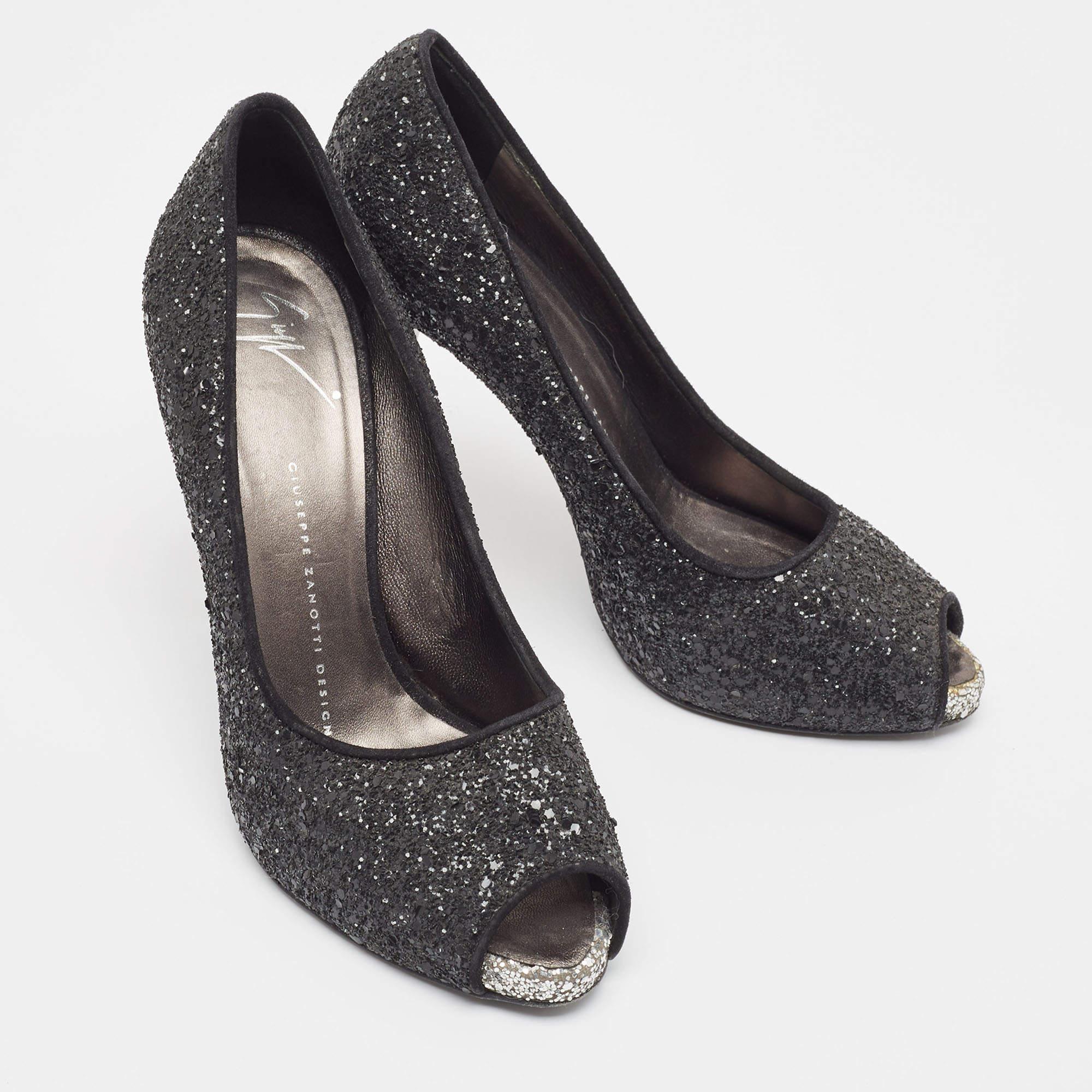 Women's Giuseppe Zanotti Black Glitter Platform Peep Toe Pumps Size 37.5 For Sale