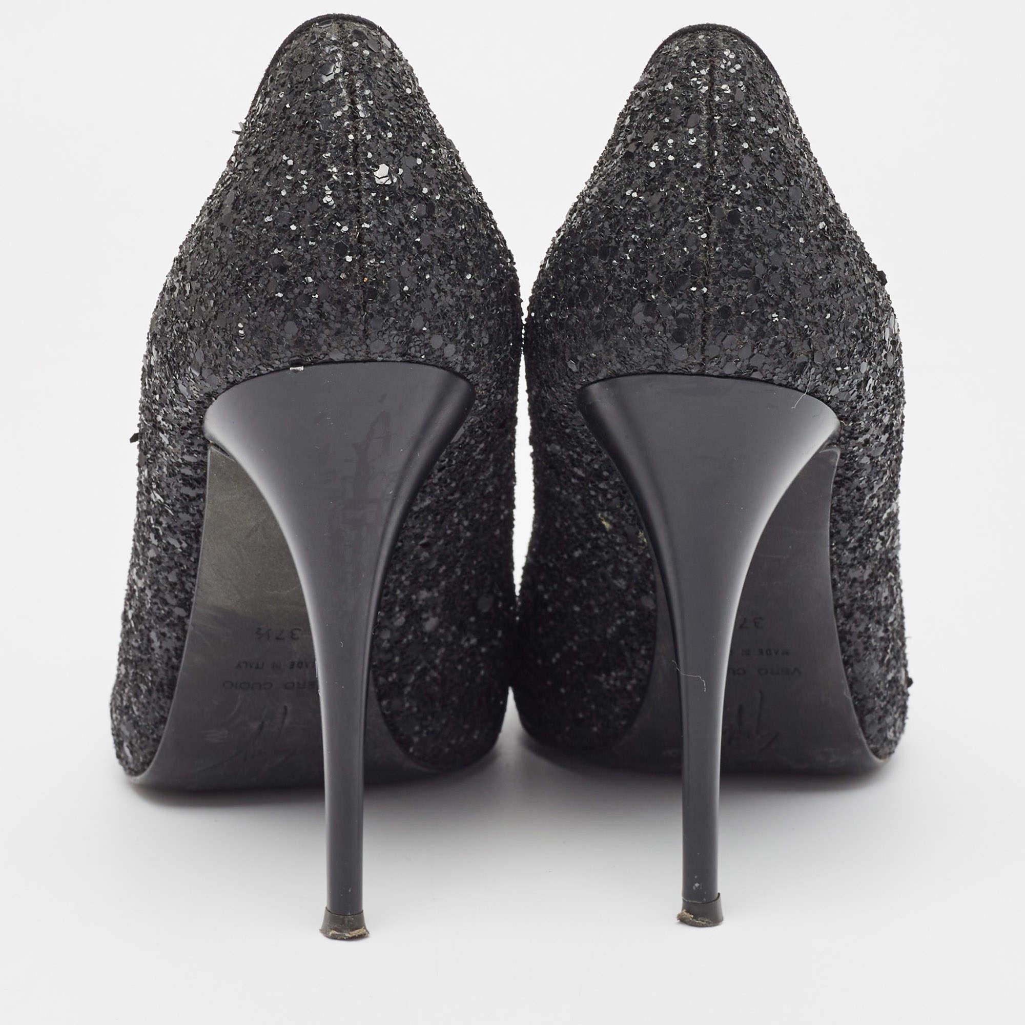Giuseppe Zanotti Black Glitter Platform Peep Toe Pumps Size 37.5 For Sale 1