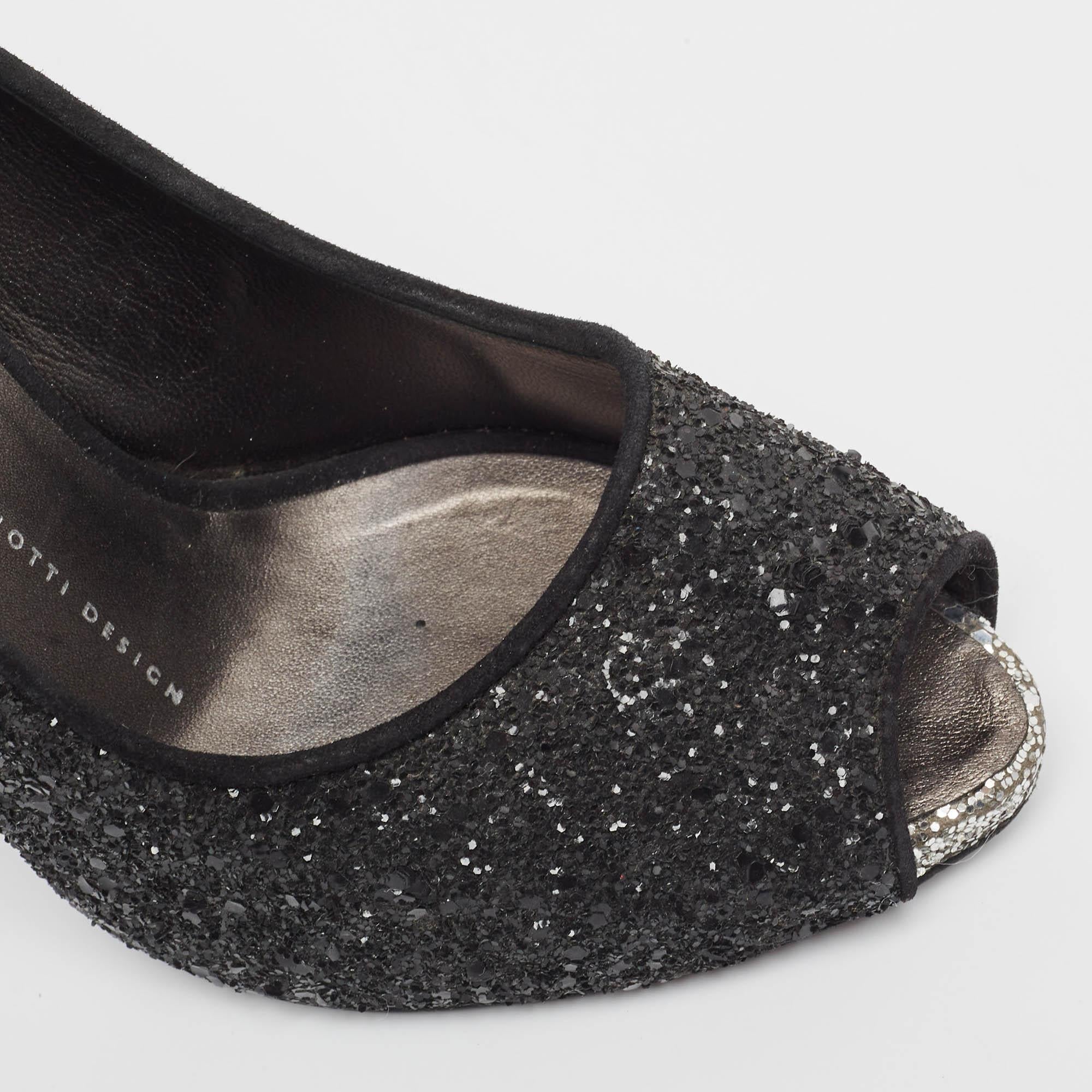 Giuseppe Zanotti Black Glitter Platform Peep Toe Pumps Size 37.5 For Sale 3