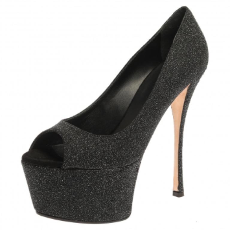 Women's Giuseppe Zanotti Black Glittered Suede Open Toe Platform Pumps Size 39 For Sale