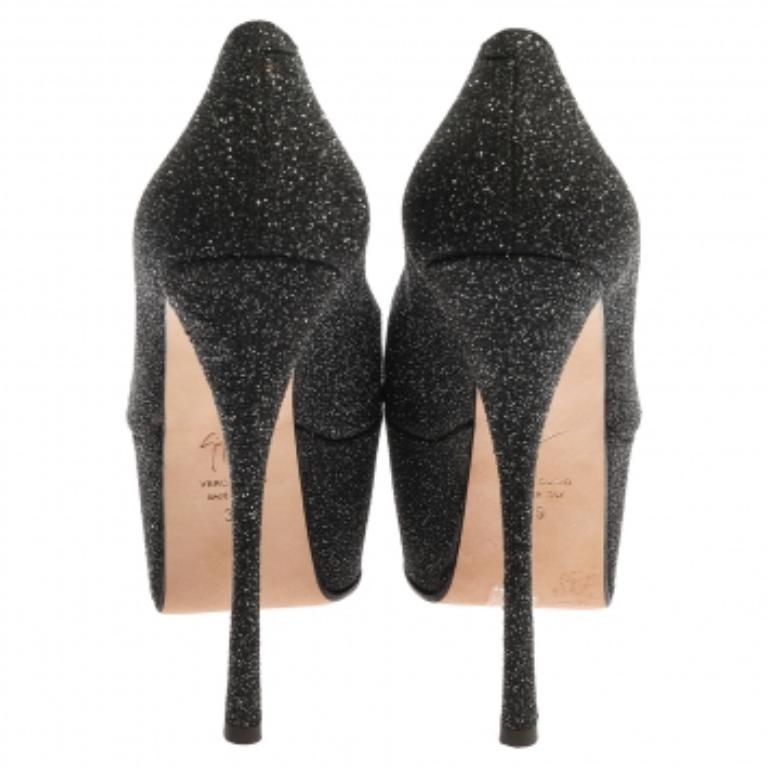 Giuseppe Zanotti Black Glittered Suede Open Toe Platform Pumps Size 39 For Sale 1