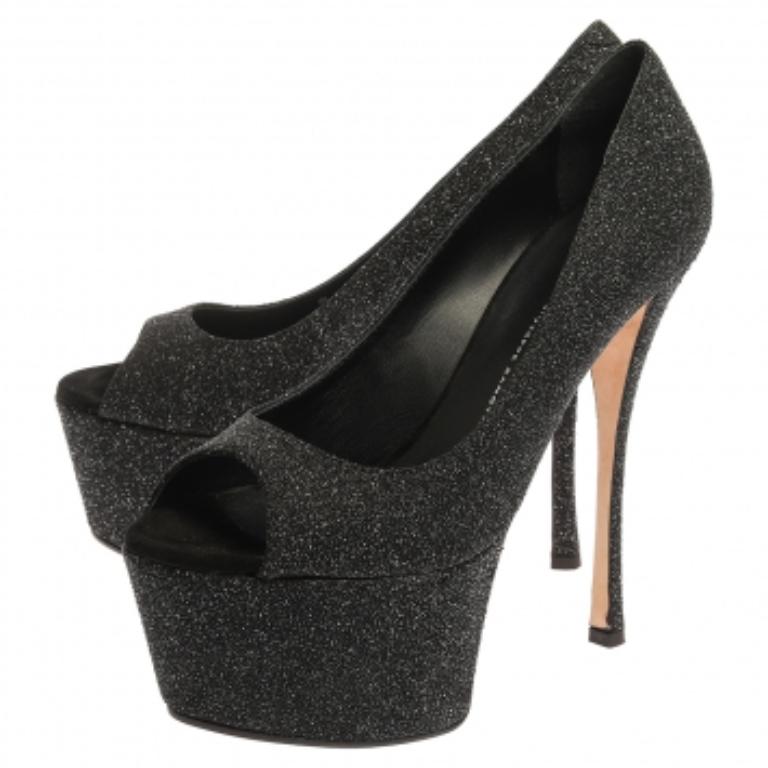 Giuseppe Zanotti Black Glittered Suede Open Toe Platform Pumps Size 39 For Sale 2