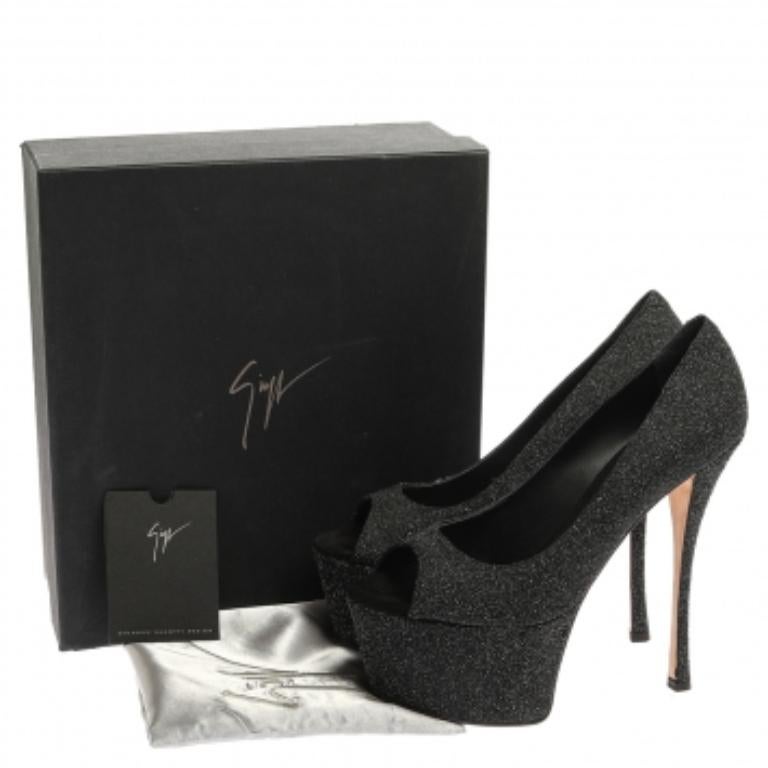 Giuseppe Zanotti Black Glittered Suede Open Toe Platform Pumps Size 39 For Sale 4