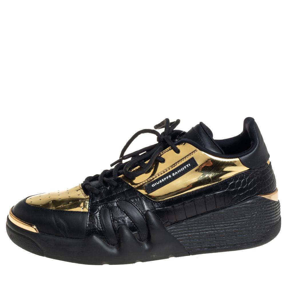Giuseppe Zanotti Black/Gold Croc Embossed Leather Talon Low Top Sneakers Size 43 1