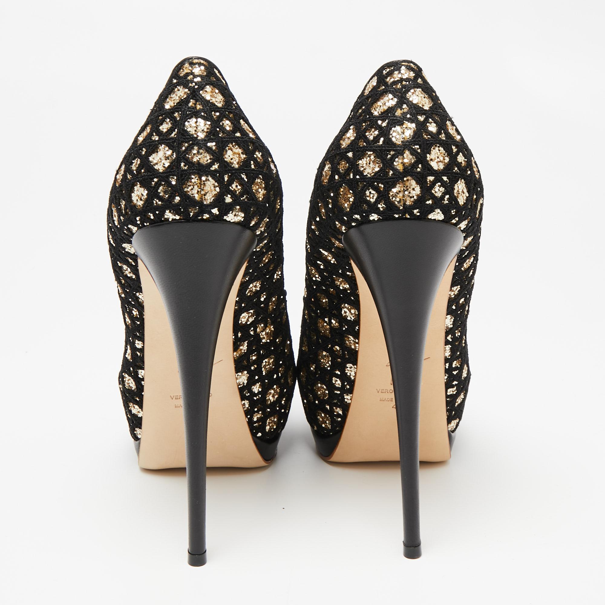 Giuseppe Zanotti Black/Gold Fabric and Glitter Sharon Peep Toe Pumps Size 41 In New Condition In Dubai, Al Qouz 2