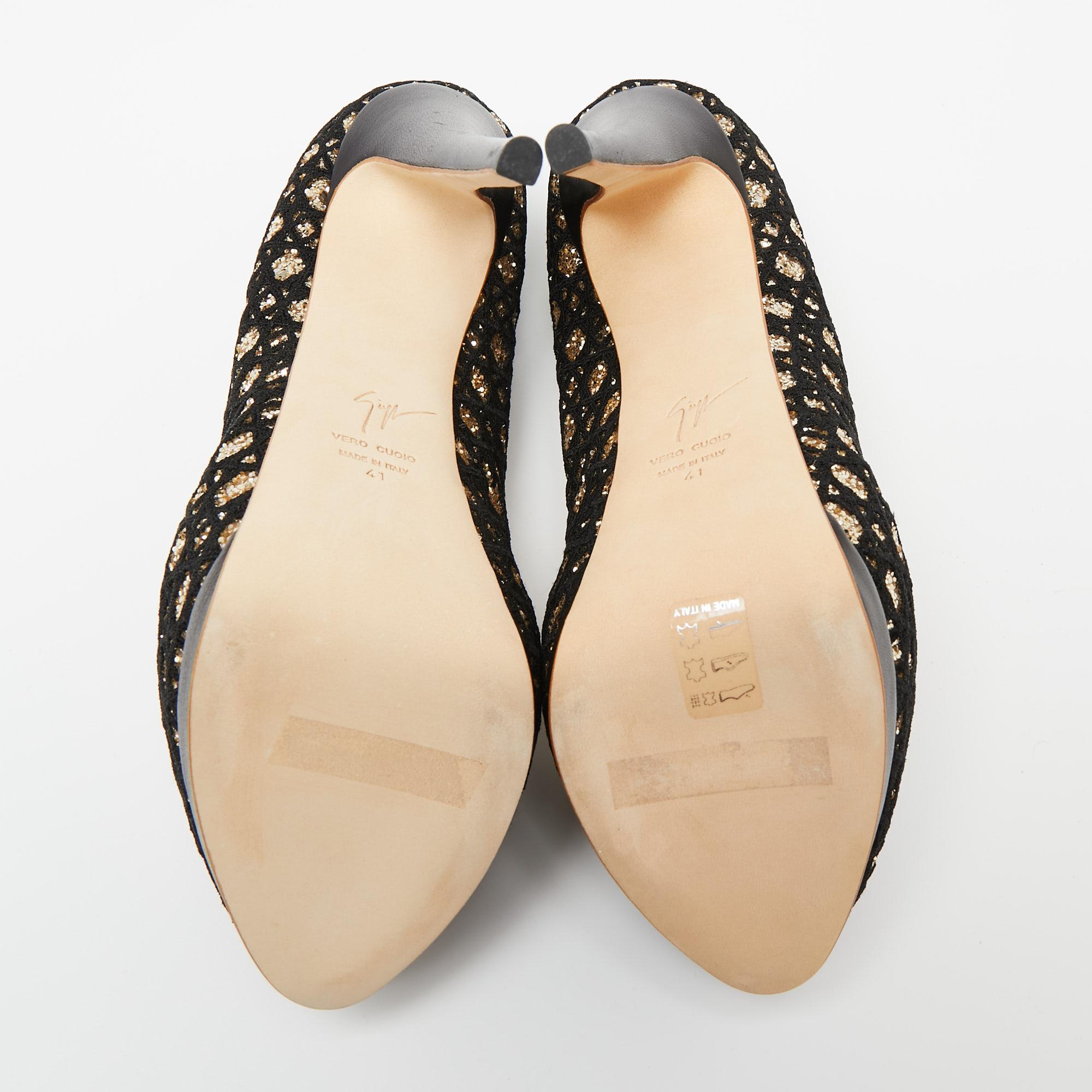 Women's Giuseppe Zanotti Black/Gold Fabric and Glitter Sharon Peep Toe Pumps Size 41