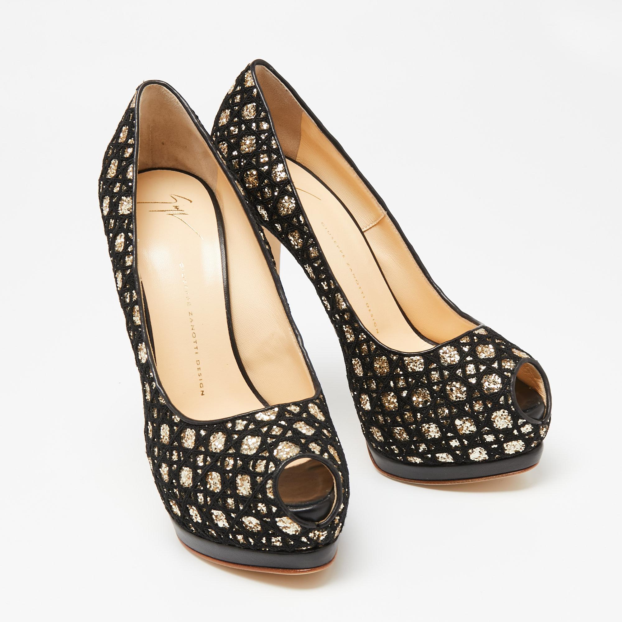 Giuseppe Zanotti Black/Gold Fabric and Glitter Sharon Peep Toe Pumps Size 41 1