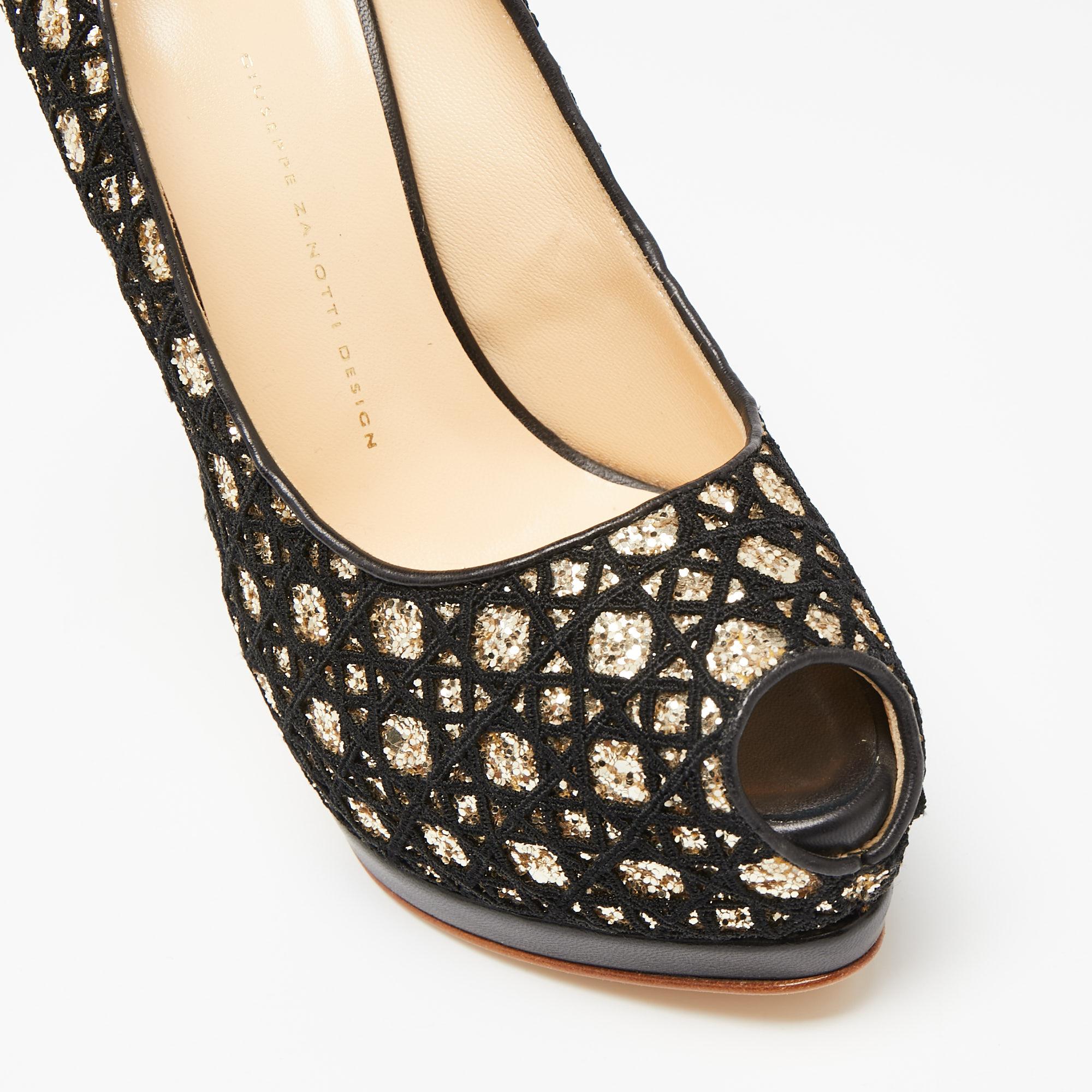 Giuseppe Zanotti Black/Gold Fabric and Glitter Sharon Peep Toe Pumps Size 41 2