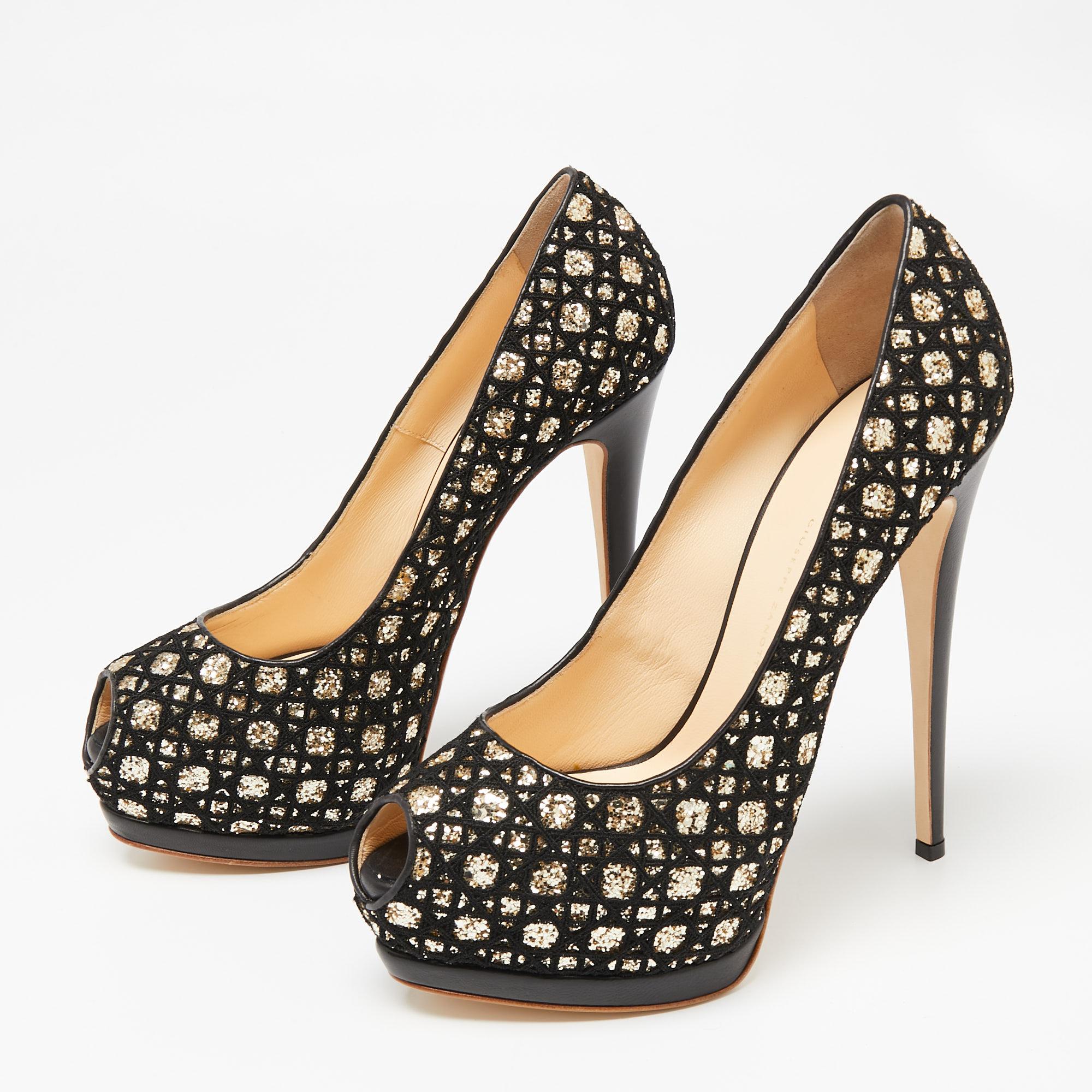Giuseppe Zanotti Black/Gold Fabric and Glitter Sharon Peep Toe Pumps Size 41 4