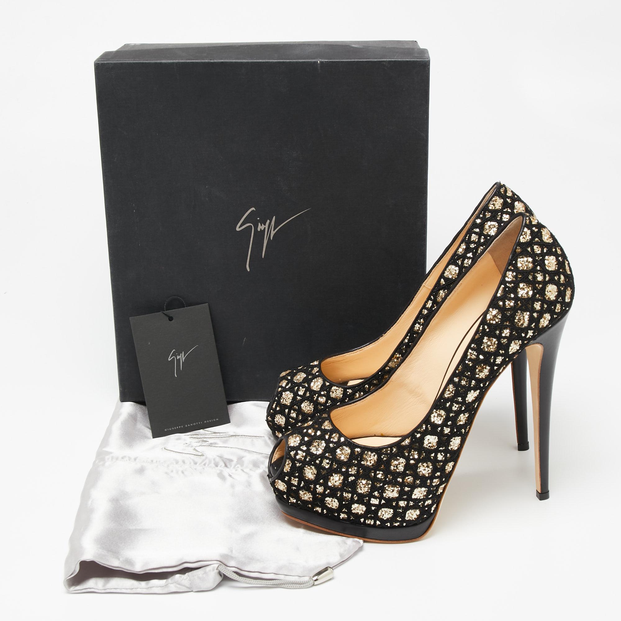 Giuseppe Zanotti Black/Gold Fabric and Glitter Sharon Peep Toe Pumps Size 41 5