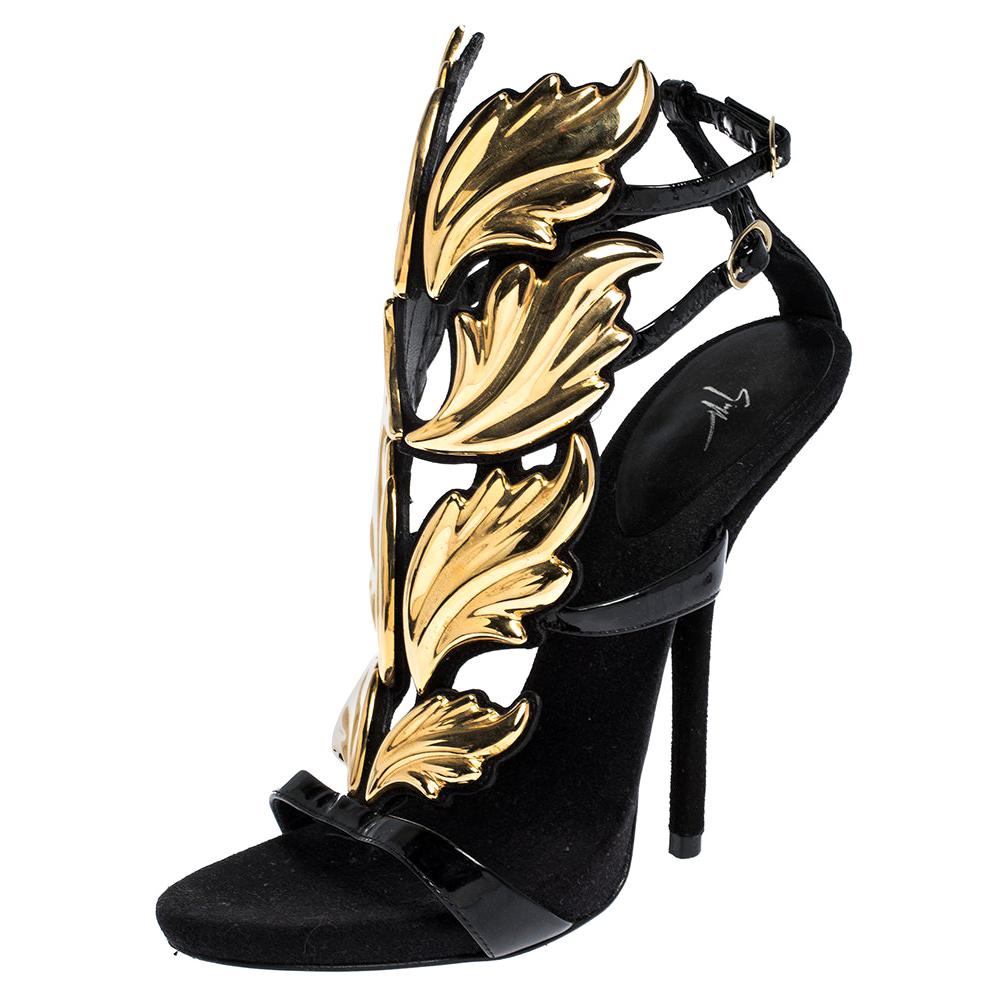 Giuseppe Zanotti Black/Gold Leather and Suede Cruel Summer Sandals Size 38.5
