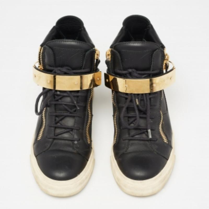 Giuseppe Zanotti Schwarz/Gold Schwarz  Leder Coby High Top Turnschuhe aus Leder Größe 37 im Angebot 3