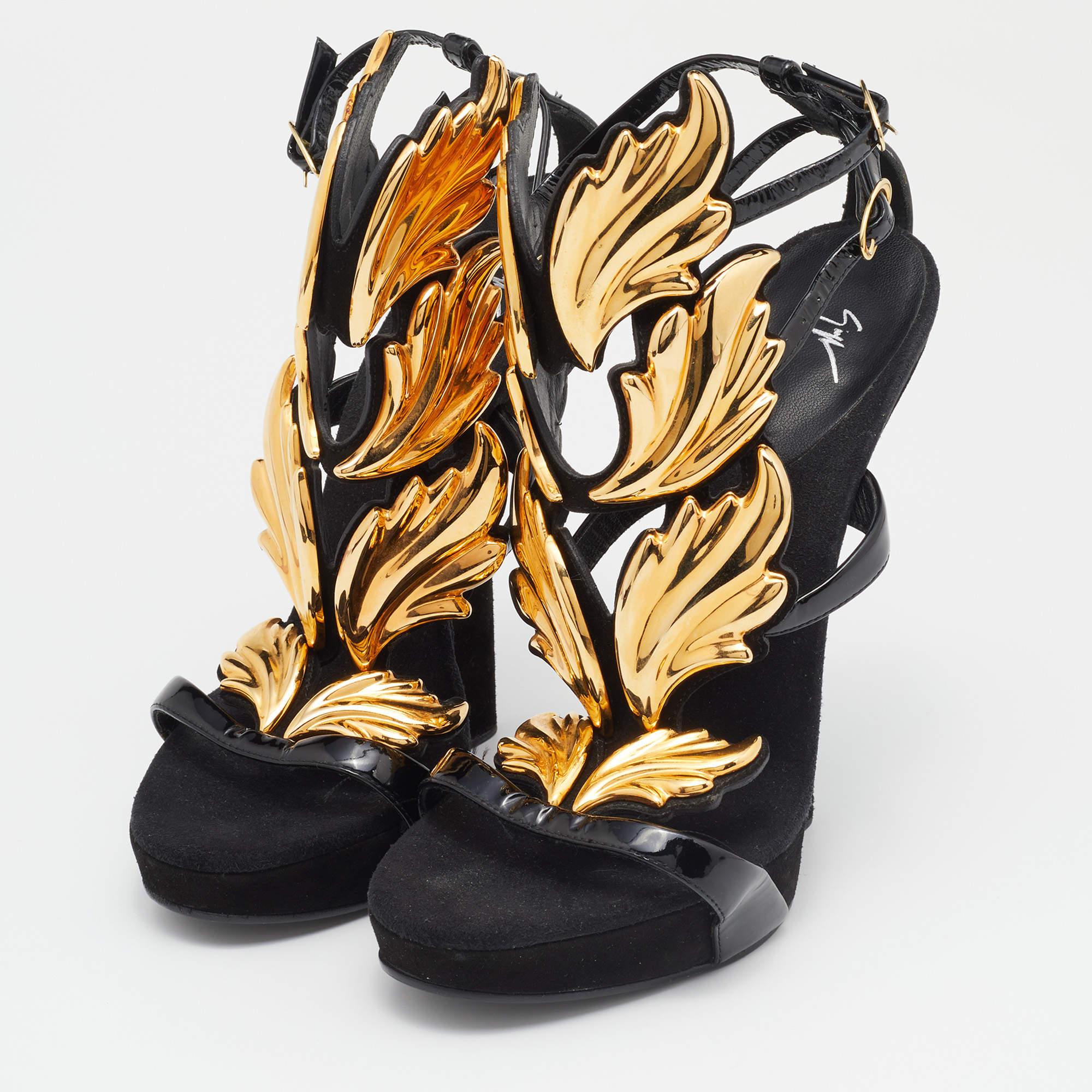 Women's Giuseppe Zanotti Black/Gold Patent Leather and Suede Cruel Summer Sandals Size 3