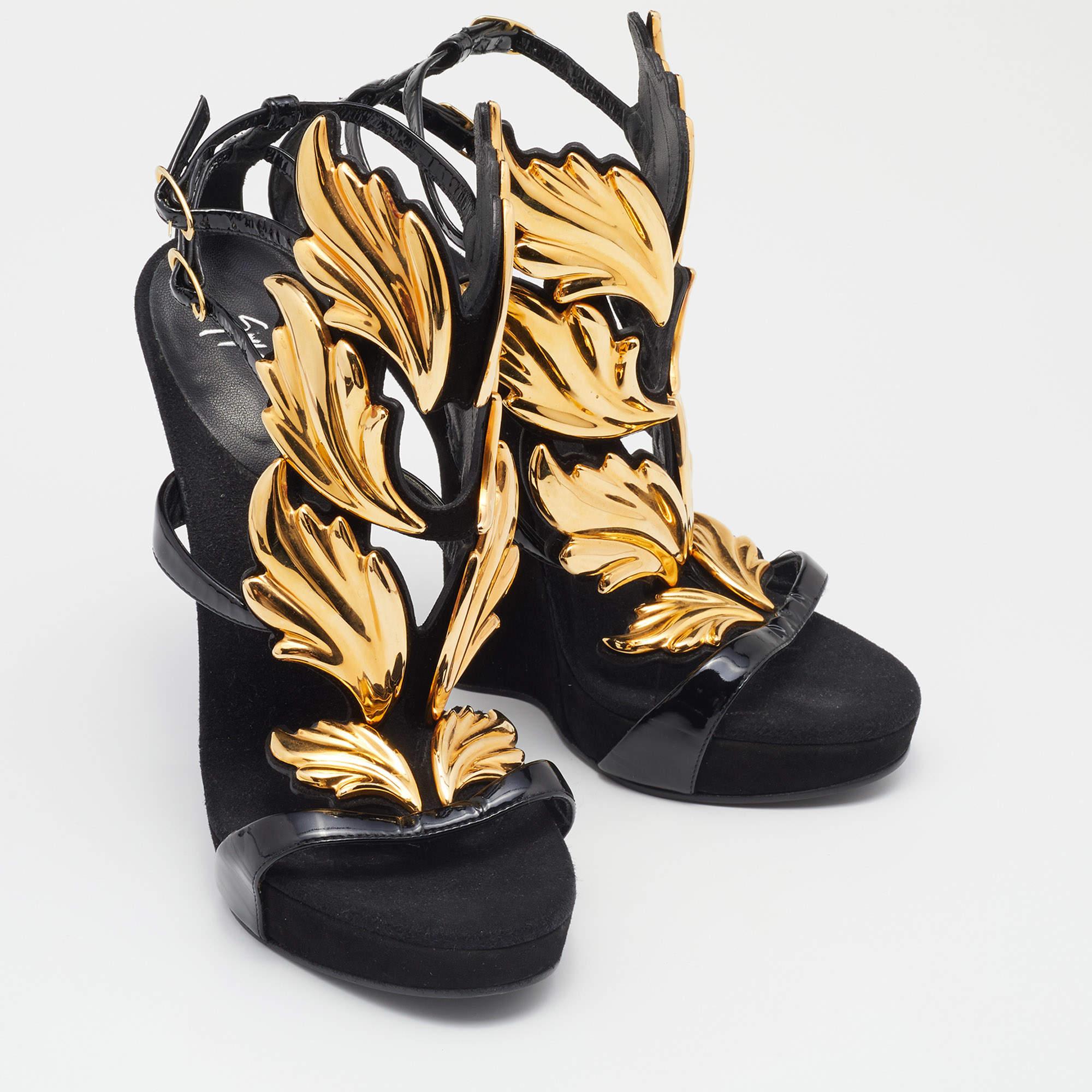 Giuseppe Zanotti Black/Gold Patent Leather and Suede Cruel Summer Sandals Size 3 1