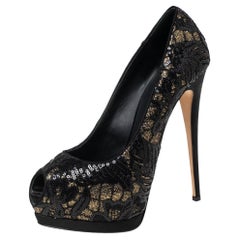 Giuseppe Zanotti Black/Gold Sequins Lace Sharon Peep-Toe Pumps Size 39.5