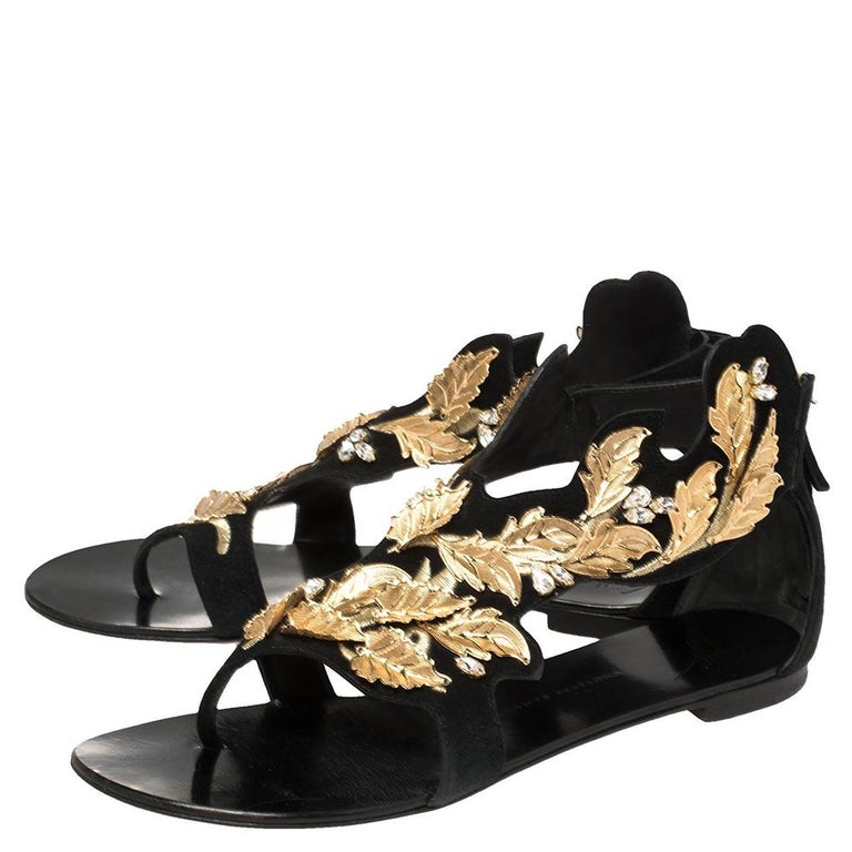 Giuseppe Zanotti Black/Gold Suede Metal Leaf Embellished Flat Sandals Size  39 at 1stDibs | black and gold flat sandals, giuseppe black and gold, black  and gold sandals flat