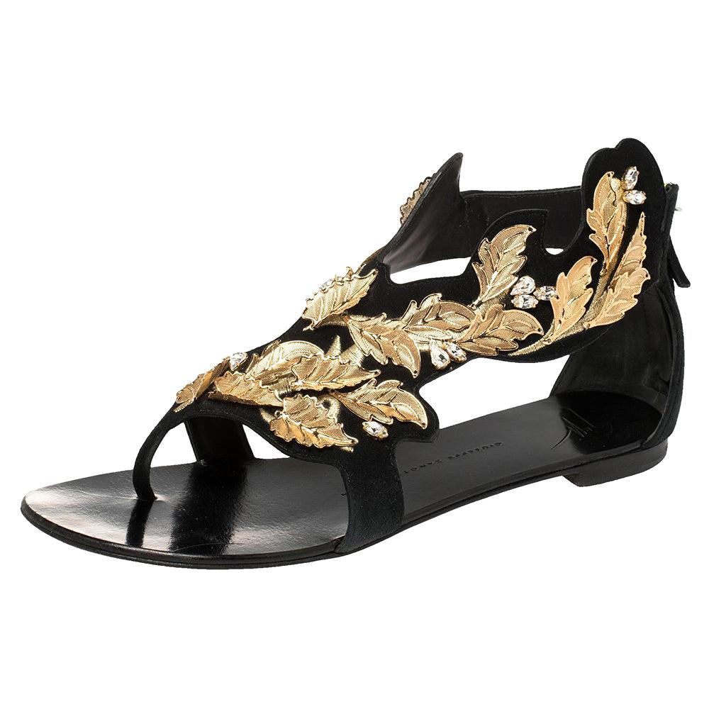 Giuseppe Zanotti Black/Gold Suede Metal Leaf Embellished Flat Sandals Size 39