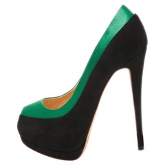 Giuseppe Zanotti Black/Green Suede and Satin Peep Toe Platform Pumps Size 37