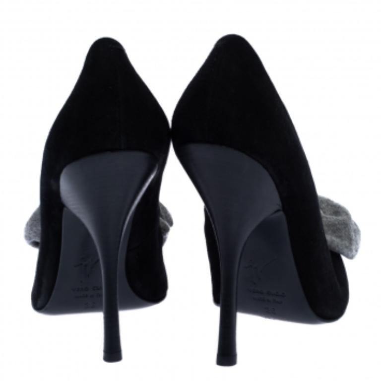 Giuseppe Zanotti Black/Grey Suede and Fabric Bow Pointed Toe Pumps Size 36 In Good Condition For Sale In Dubai, Al Qouz 2