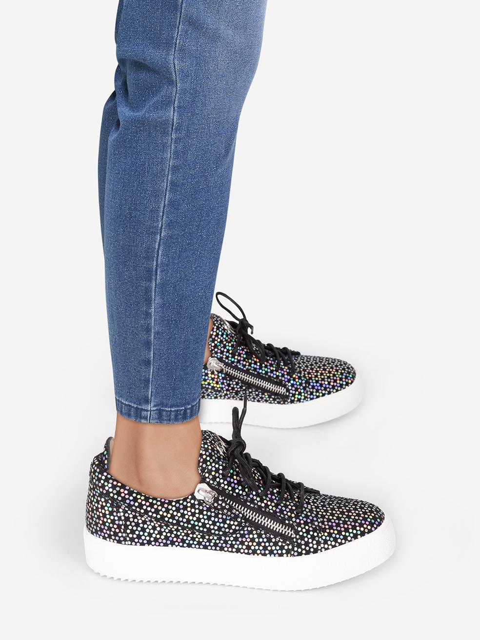CONDITION is New with tags on this brand new Giuseppe Zanotti designer item. This item comes with original packaging.
 
 
 
 Details
 
 
 RW20005
 
 Model: Gail
 
 Black
 
 Cloth textile
 
 Trainers
 
 Iridescent dot detail
 
 Zip detail
 
 Silver
