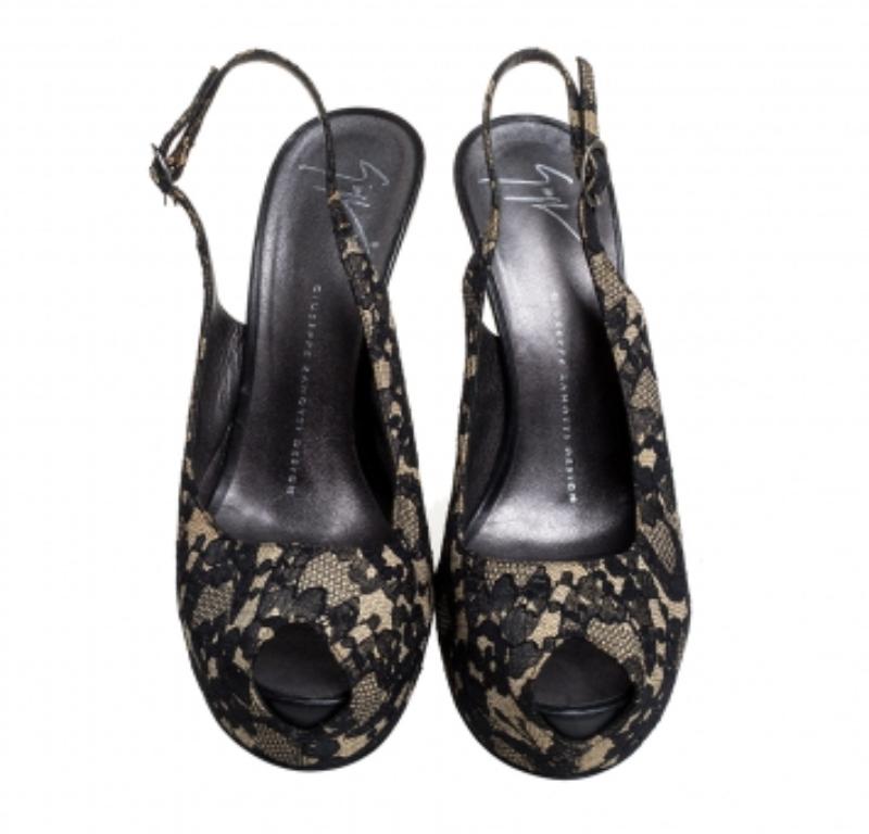 Giuseppe Zanotti Black Lace Peep Toe Slingback Sandals Size 38 For Sale 1