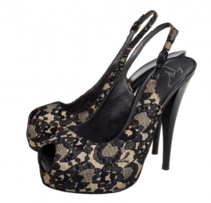 Giuseppe Zanotti Black Lace Peep Toe Slingback Sandals Size 38 For Sale 3