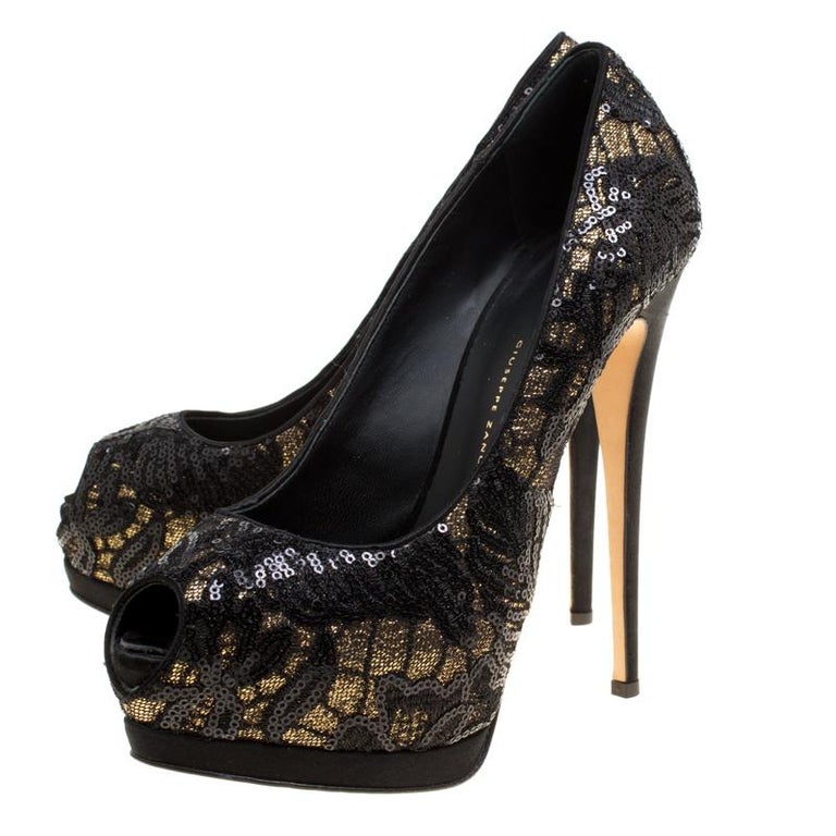 Giuseppe Zanotti Black Lace Sequin Embellished Glitter Fabric Peep Toe Platform For Sale at