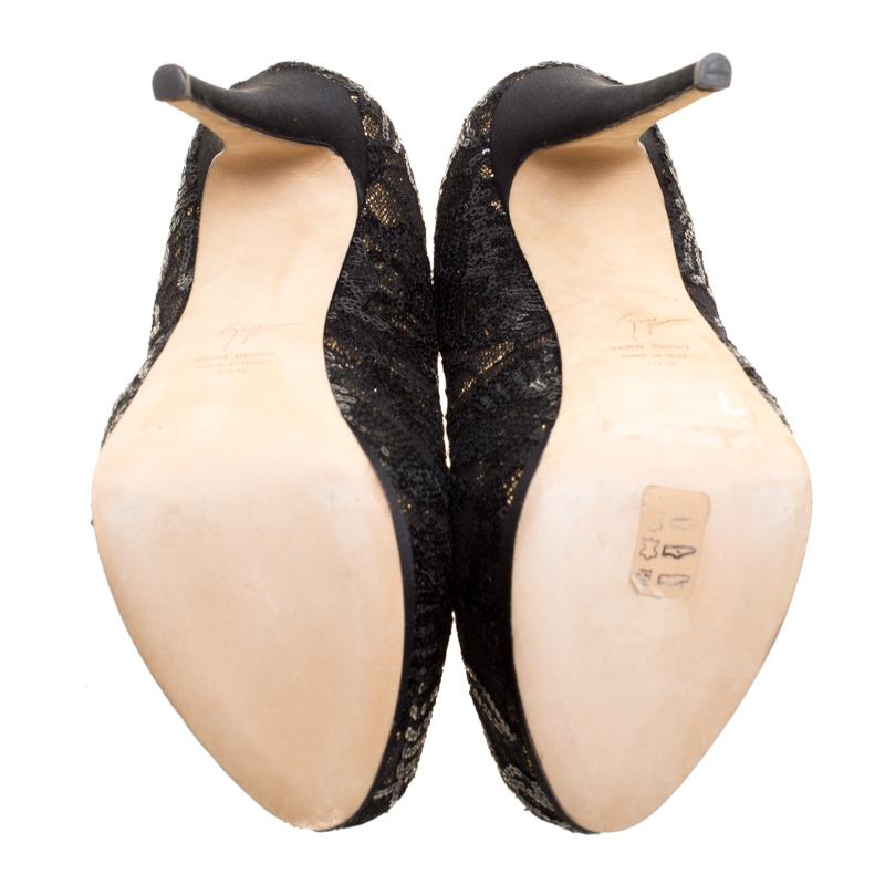 Giuseppe Zanotti Black Lace Sequin Fabric Peep Toe Platform Size 39.5 1