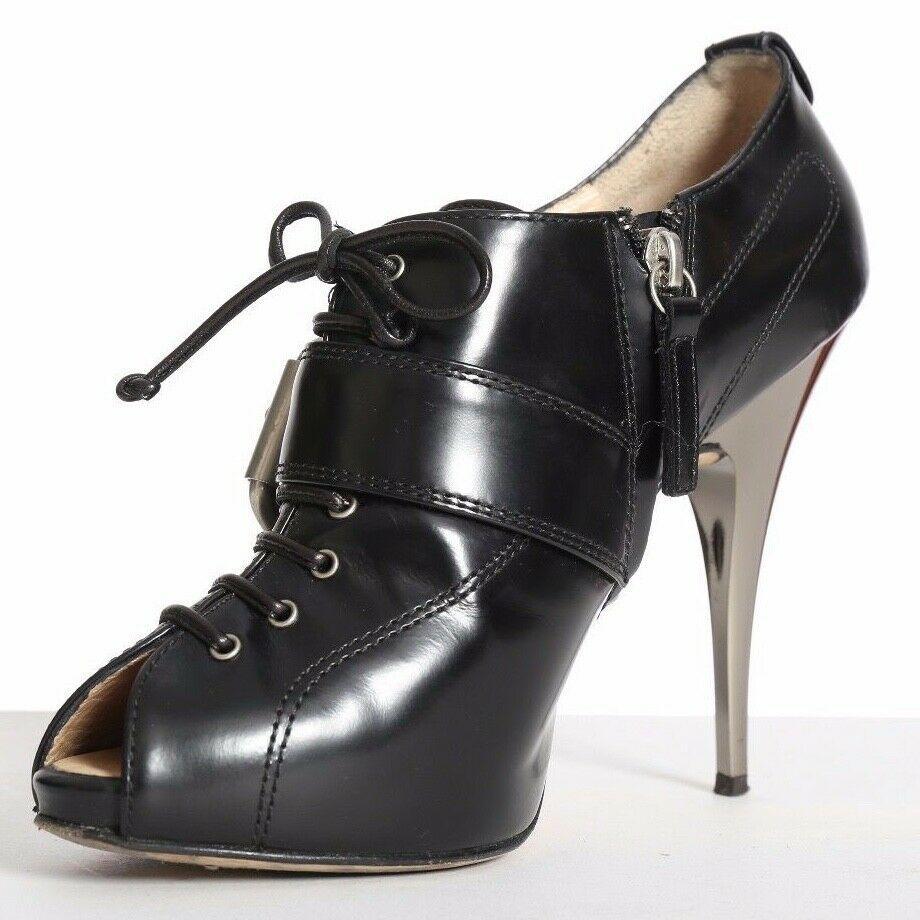 Women's GIUSEPPE ZANOTTI black lace up buckled mirrored heels booties EU38 US8 UK5