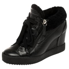 Giuseppe Zanotti Black Leather and Shearling Trim Lorenz Wedge Sneakers Size 36