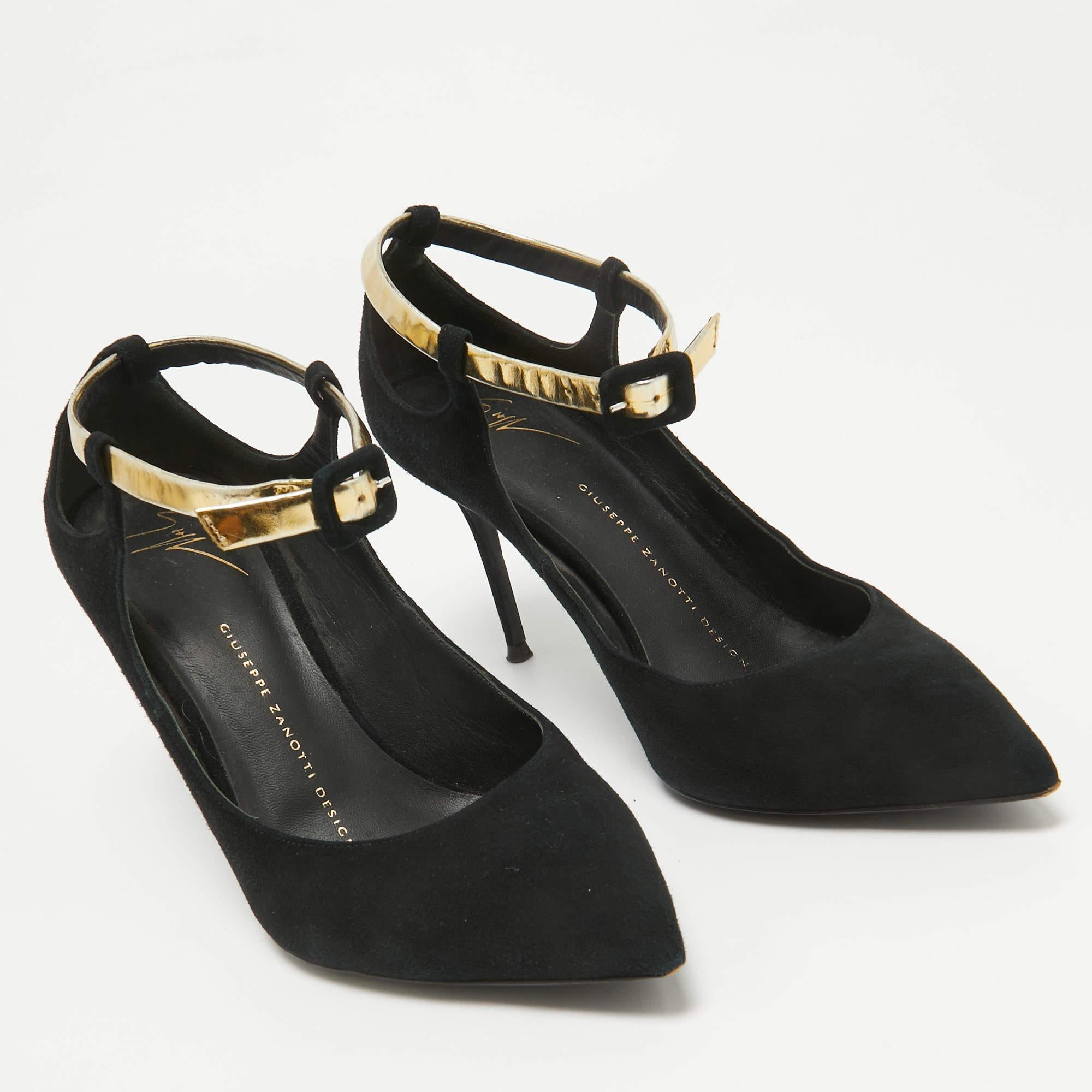 Women's Giuseppe Zanotti Black Leather and Suede Ankle Strap Pumps Size 37