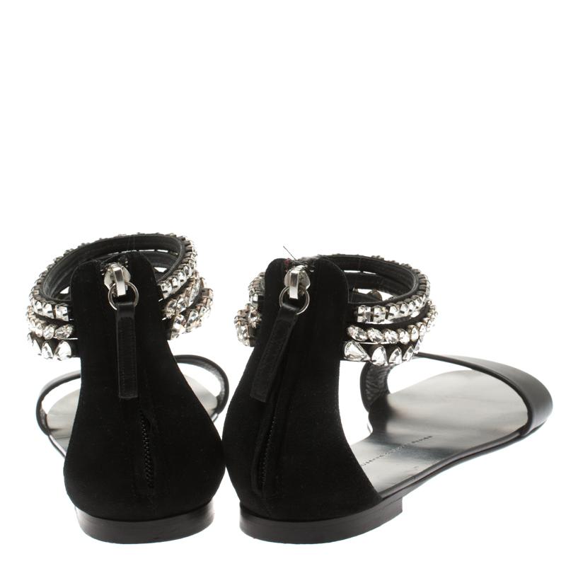 Giuseppe Zanotti Black Leather And Suede Crystal  Ankle Cuff Flat Sandal 39 1