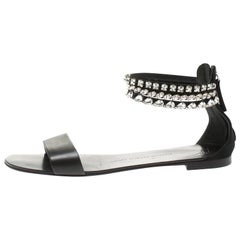 Giuseppe Zanotti Black Leather And Suede Crystal  Ankle Cuff Flat Sandal 39