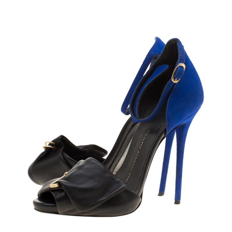 Women's Giuseppe Zanotti Black Leather Blue Suede Safety Pin Ankle Strap Sandals Size 37 For Sale