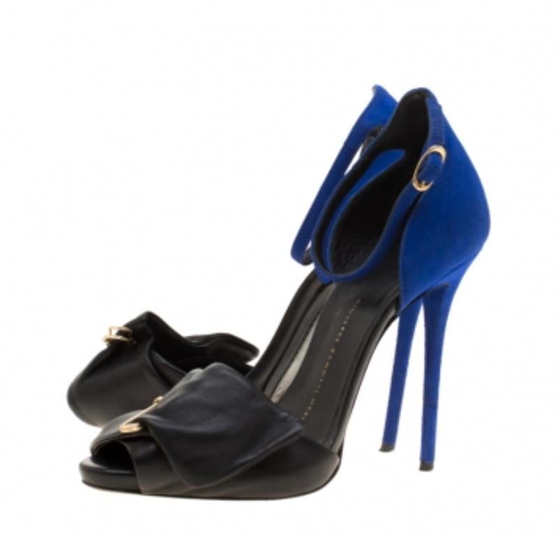 Giuseppe Zanotti Schwarz Leder Blau Wildleder Sicherheitsnadel Riemchensandalen Größe 37 im Angebot 2