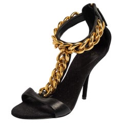 Giuseppe Zanotti Black Leather Chain Detail T Strap Sandals Size 38.5