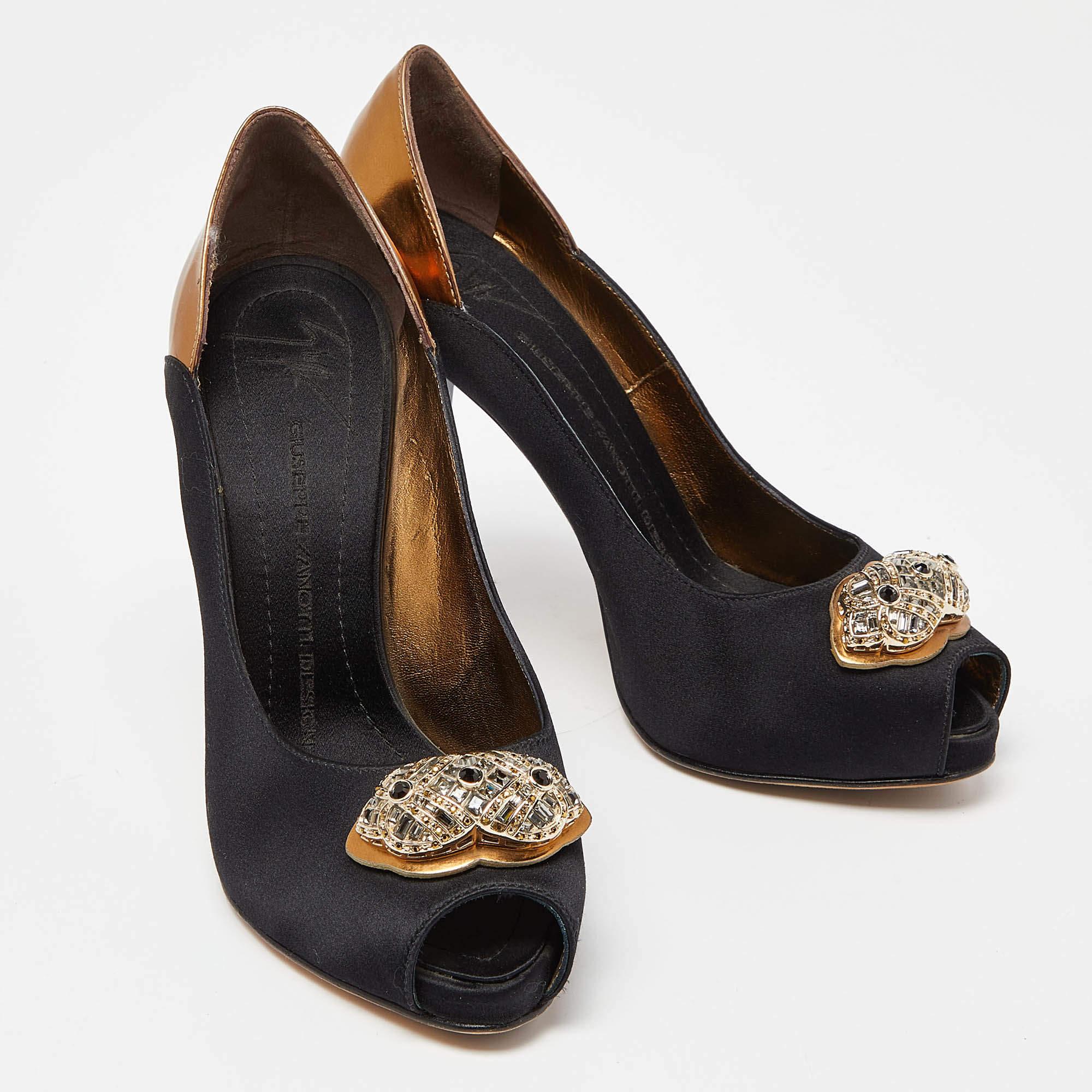 Giuseppe Zanotti Schwarze Leder-Pumps mit Kristallverzierung und Peep Toe Größe 37 Damen im Angebot