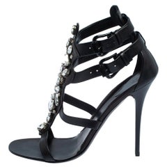 Giuseppe Zanotti Black Leather Crystal Embellished Sandals Size 39