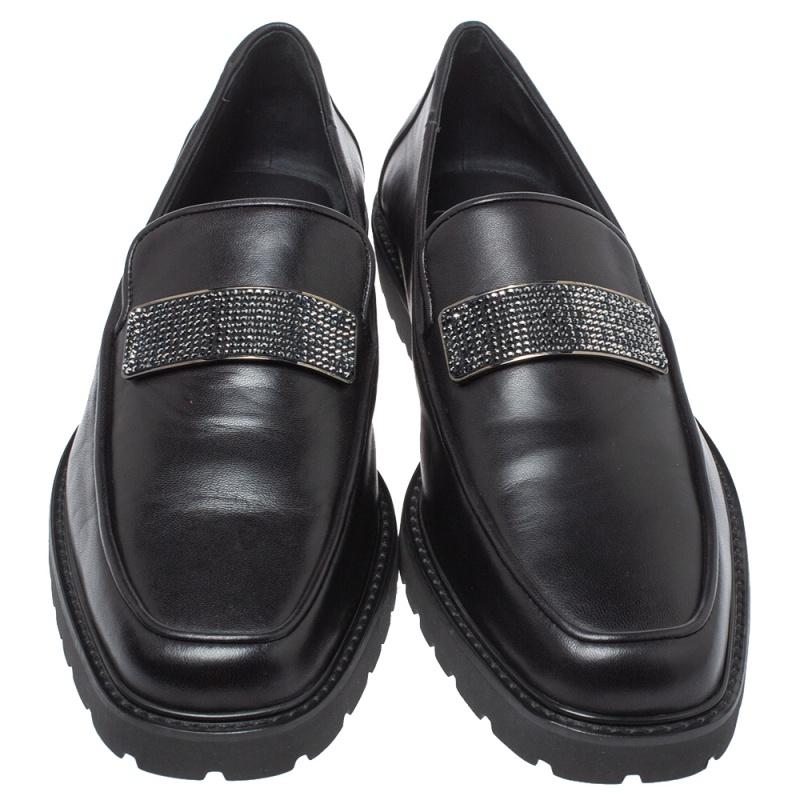 Giuseppe Zanotti Black Leather Crystal Embellished Slip On Loafers Size 42 In New Condition In Dubai, Al Qouz 2